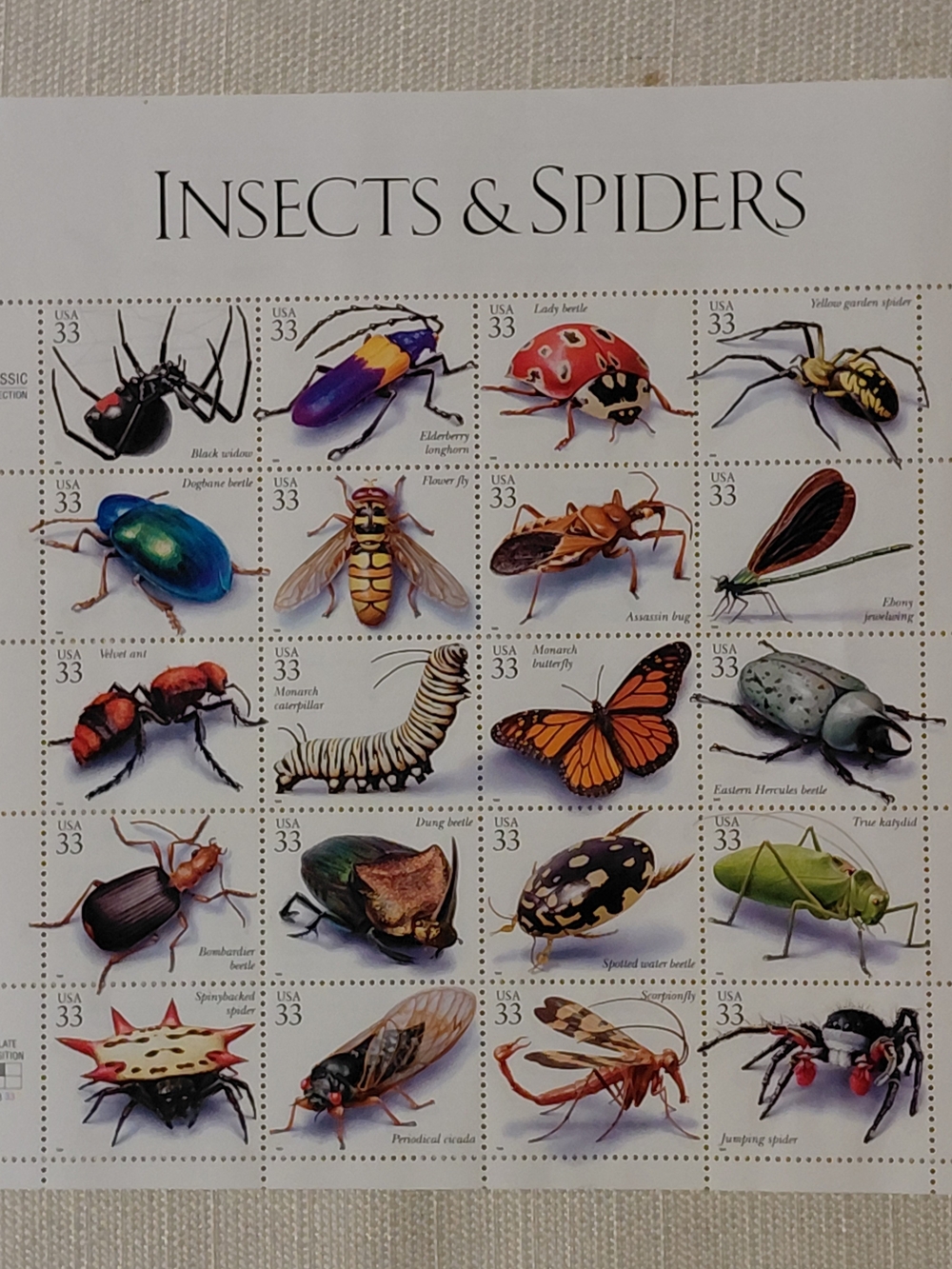 Insects & Spiders 1999 Stamp Sheet- 20 Stamps Scott Catalog #3351